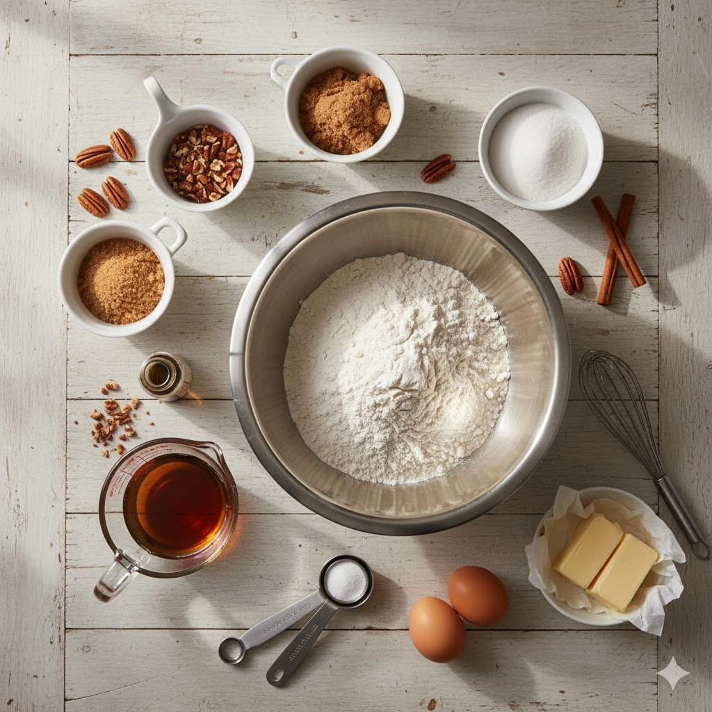 All ingredients laid out, including yeast, flour, maple syrup, and whole pecans, for Maple Pecan Sticky Buns.