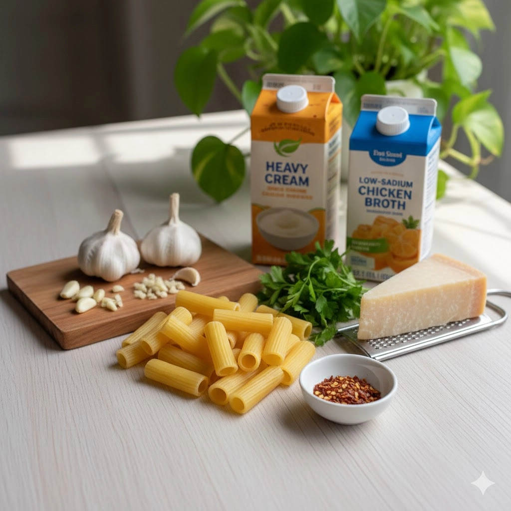 Ingredients laid out: pasta, fresh garlic cloves, heavy cream, broth, and Parmesan for One-Pot Creamy Garlic Pasta