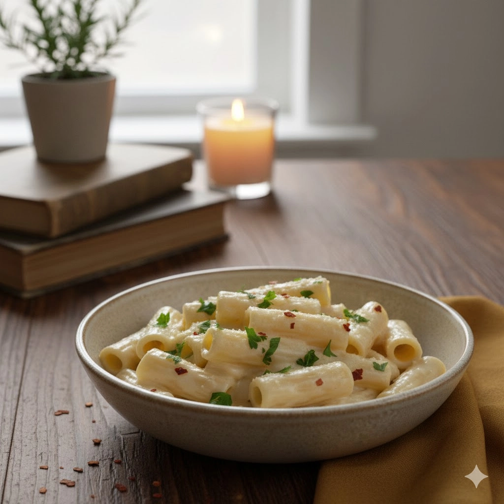 Overhead shot of a large pot of One-Pot Creamy Garlic Pasta garnished with fresh parsley
