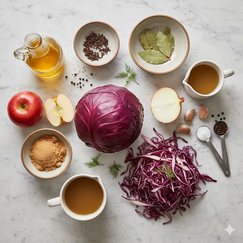 Key ingredients for Cozy German Cabbage, including shredded red cabbage, apples, onion, and spices laid out on a cutting board. Key ingredients for Cozy German Cabbage, including shredded red cabbage, apples, onion, and spices laid out on a cutting board.