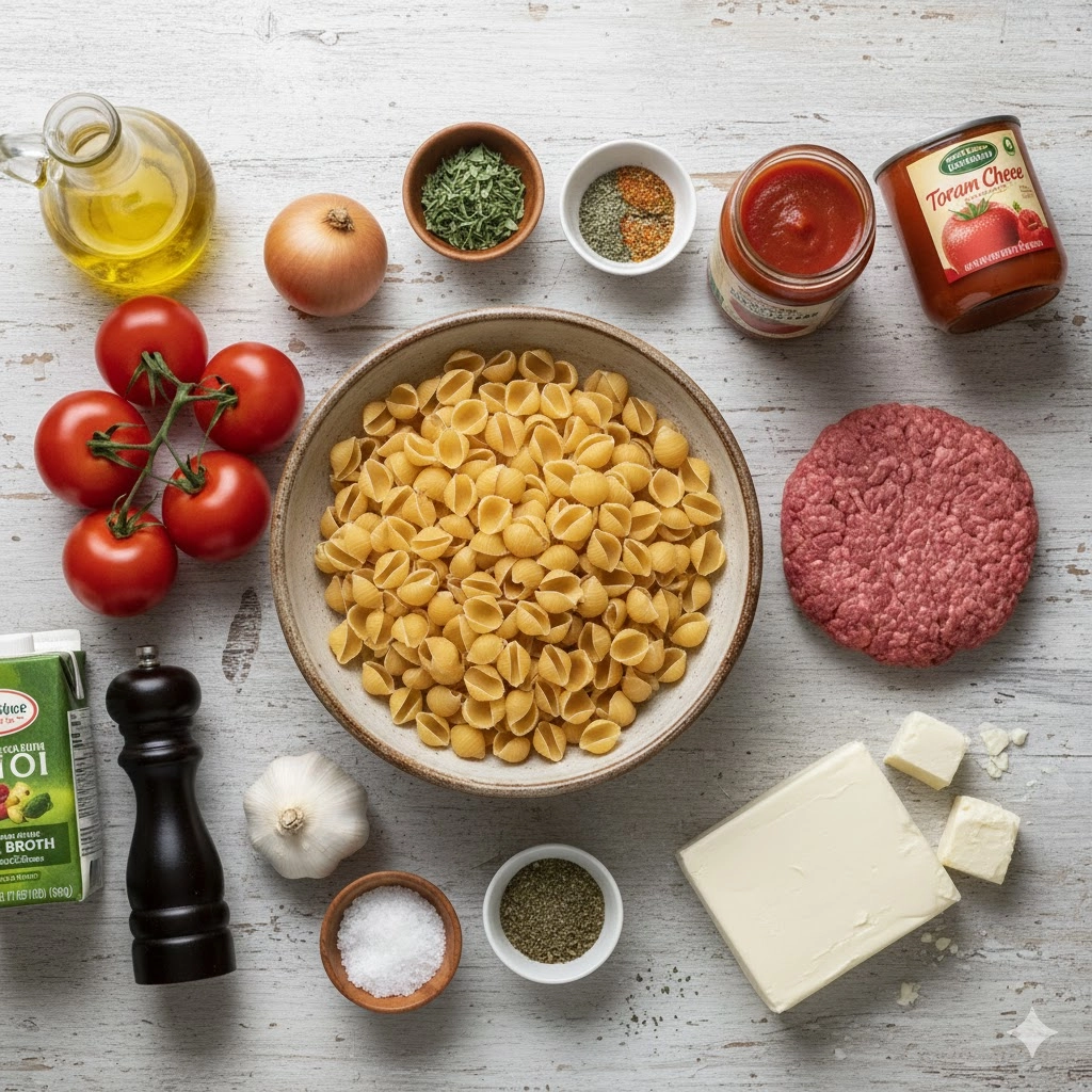 All key ingredients laid out: ground beef, shell pasta, tomato sauce, cream cheese, onion, and spices for Creamy Beef and Shells.
