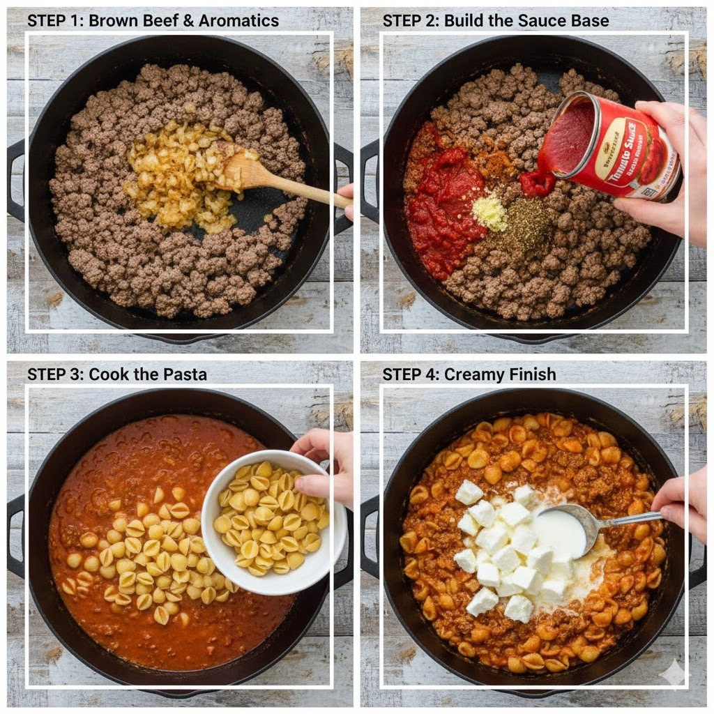 A pot showing the final step of stirring cream cheese into the beef and shells pasta for a creamy finish.