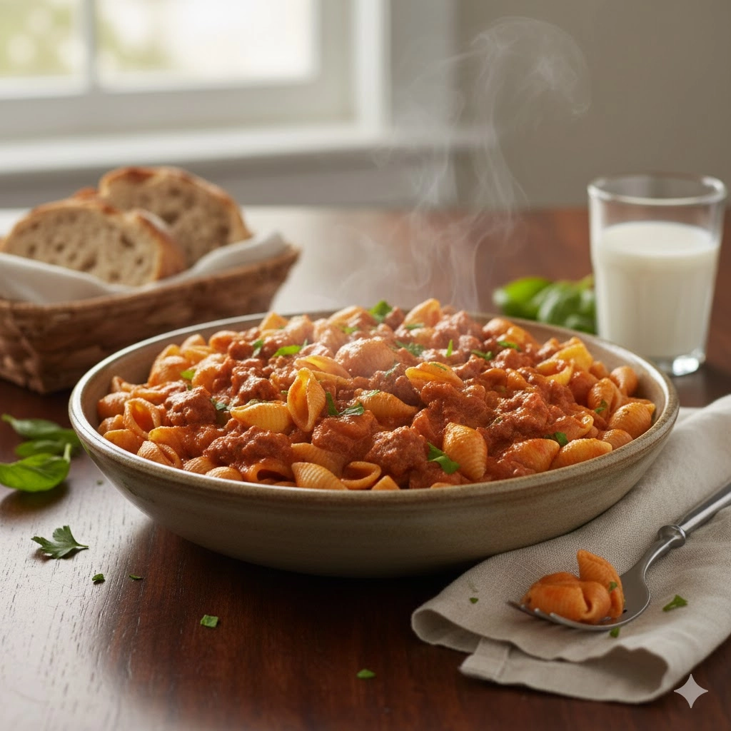 A close-up shot of a bowl of creamy beef and shells pasta ready to be served, highlighting the velvety sauce.