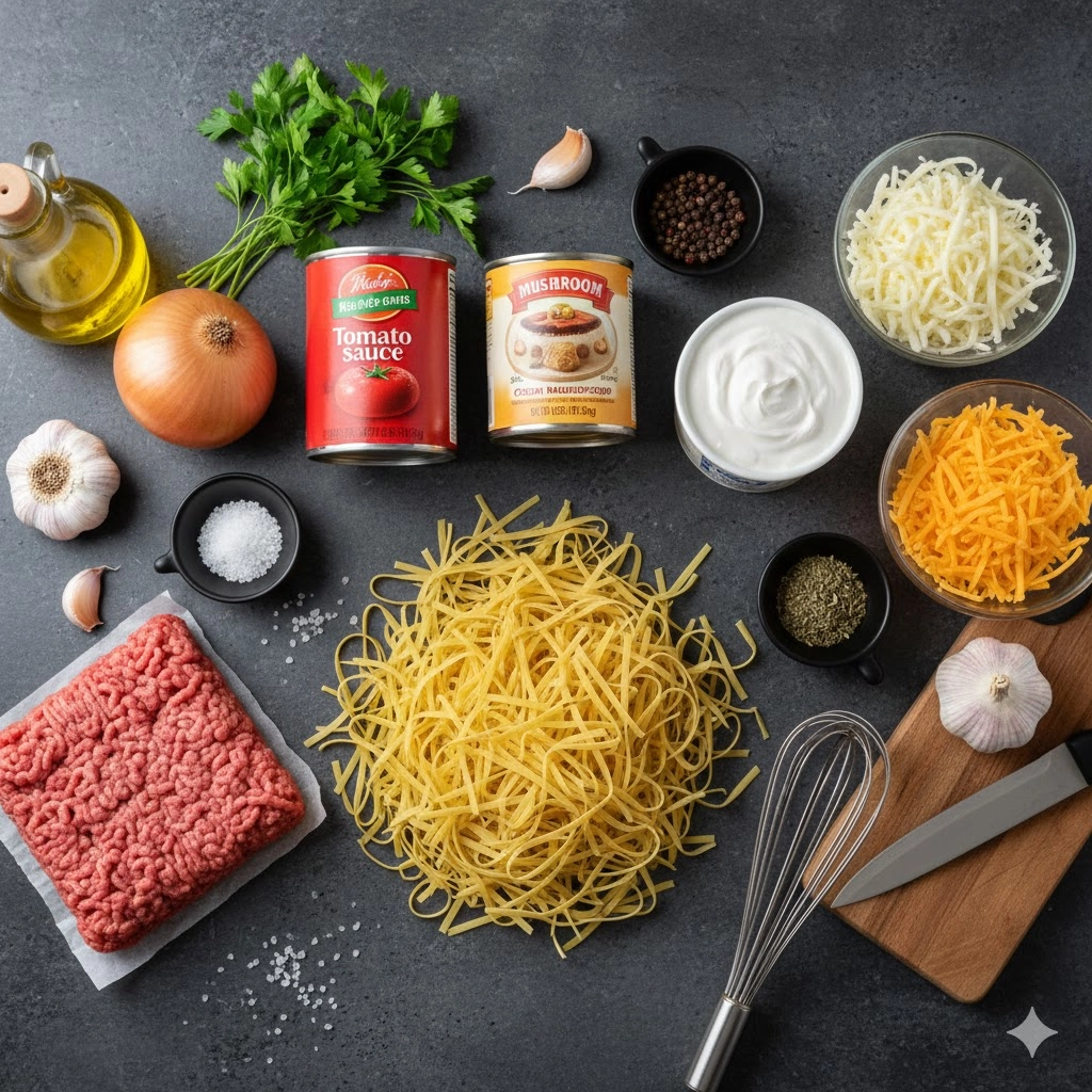 Ingredients laid out for Beef Noodle Casserole, including ground beef, egg noodles, tomato sauce, and cheese.