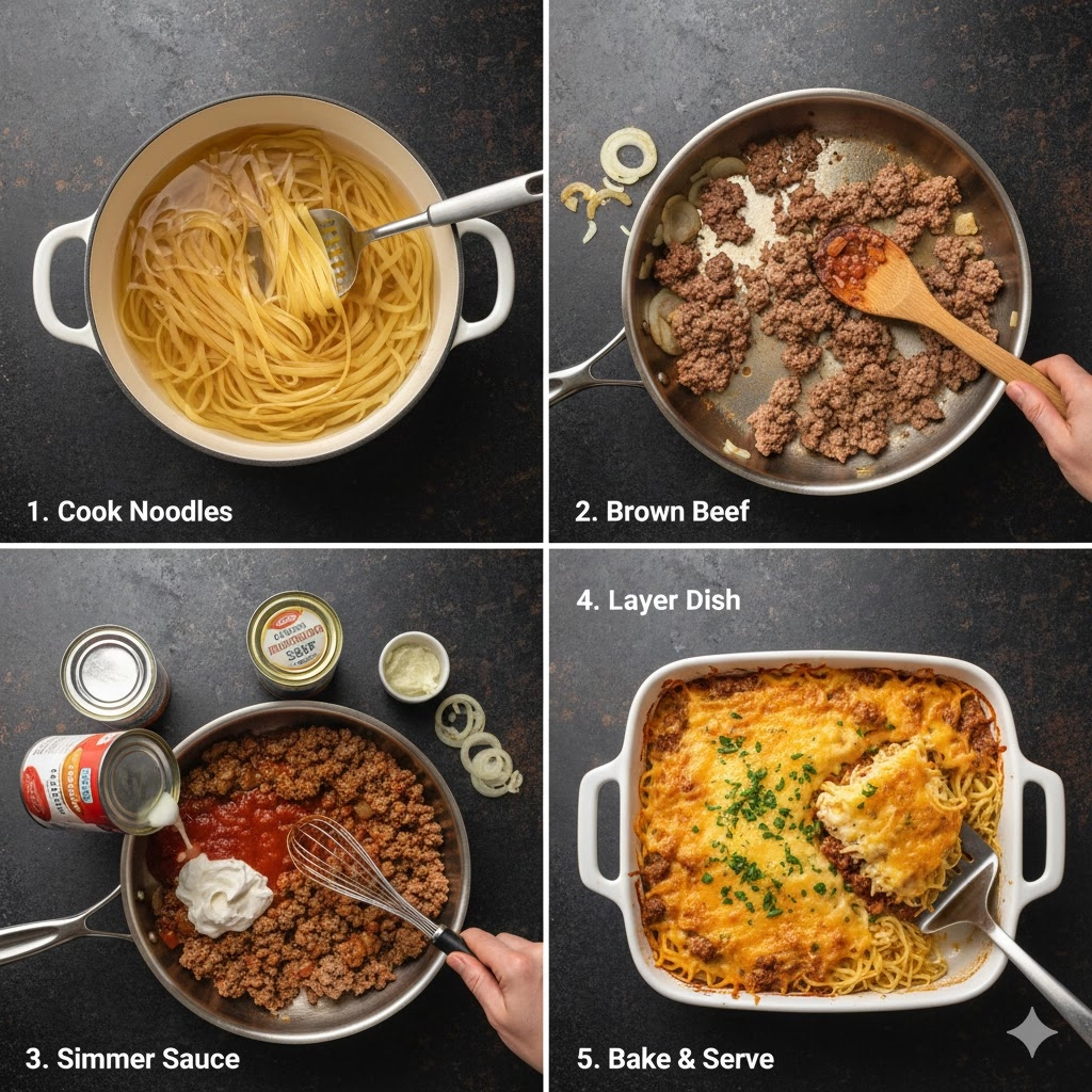 Close-up of layering the beef and noodle mixture into the baking dish for the Beef Noodle Casserole.