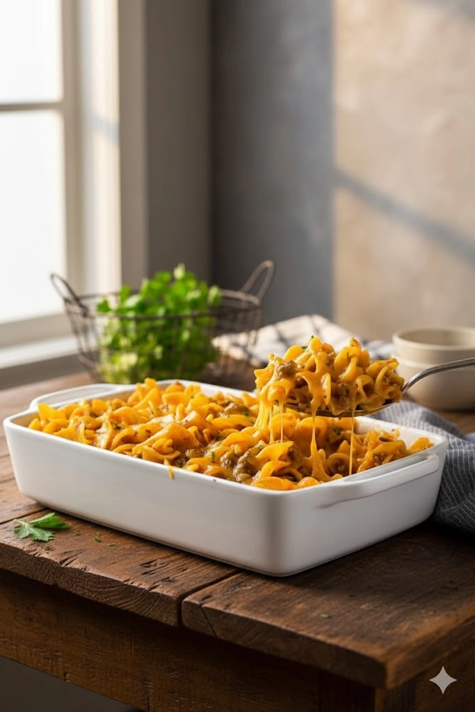 Easy Beef Noodle Casserole in a glass baking dish, fresh from the oven with a melted cheese crust.