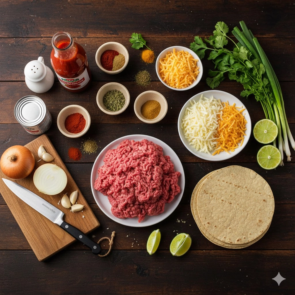 Essential ingredients laid out: ground beef, shredded cheese, enchilada sauce, tortillas, and diced onion. Essential ingredients laid out: ground beef, shredded cheese, enchilada sauce, tortillas, and diced onion.