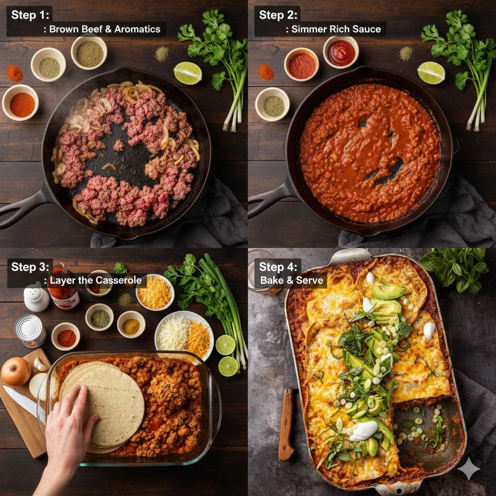 A hand layering the tortillas, beef filling, and cheese in a glass baking dish during assembly. A hand layering the tortillas, beef filling, and cheese in a glass baking dish during assembly.