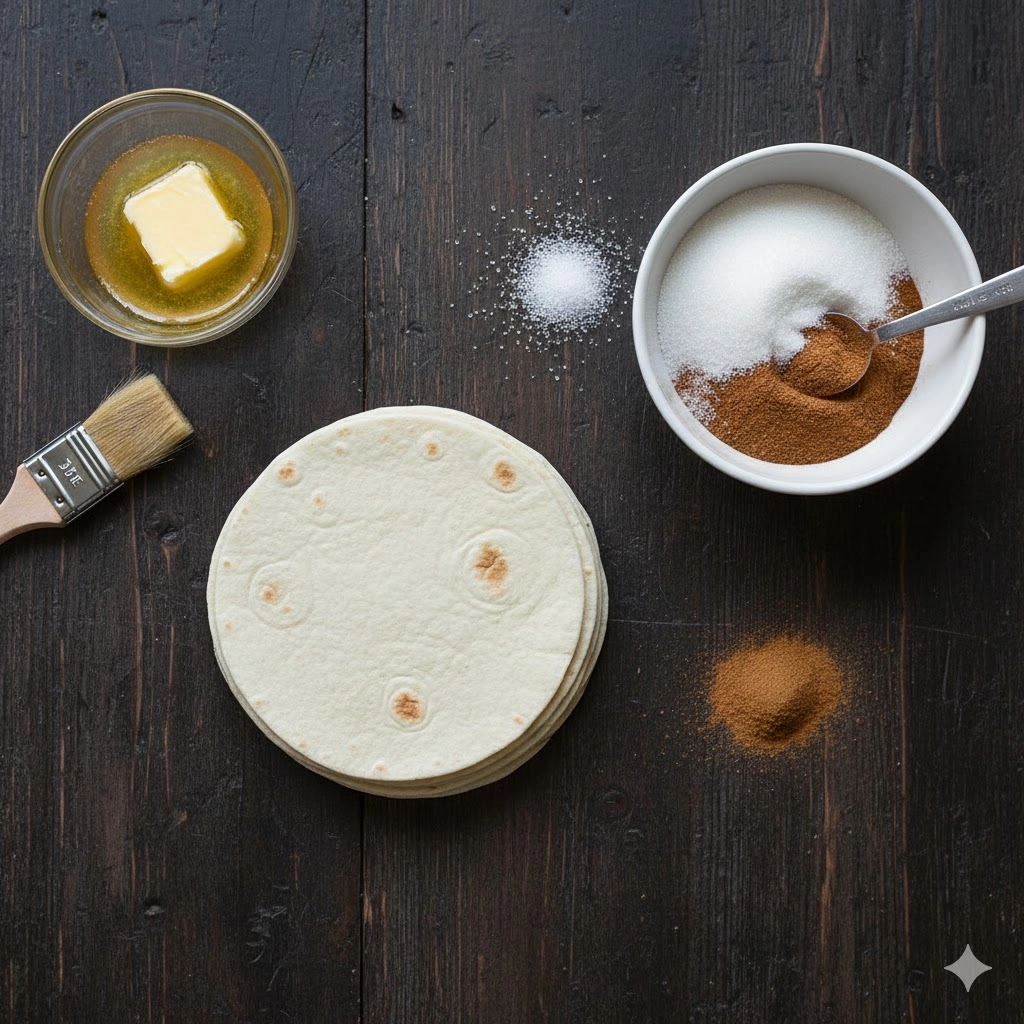 Ingredients for Air Fryer Cinnamon Tortilla Chips: flour tortillas, butter, sugar, and cinnamon.