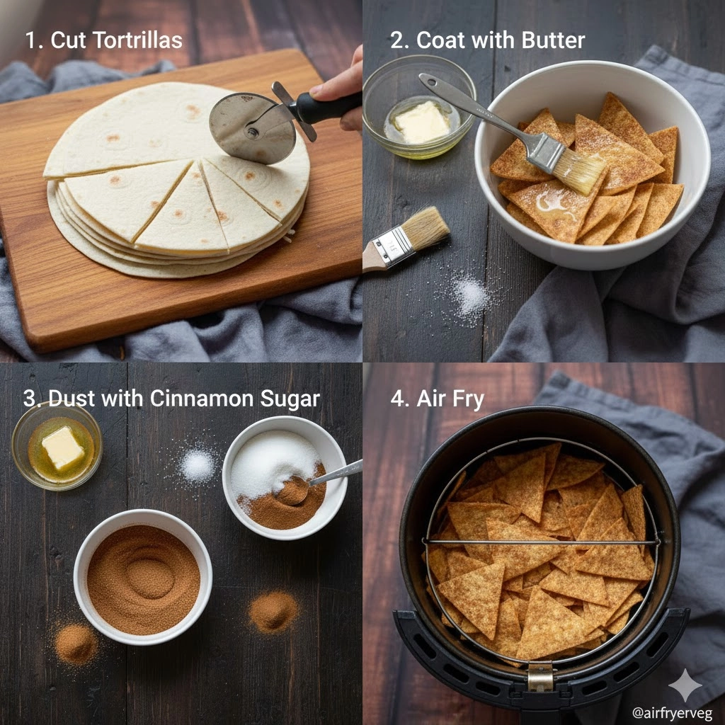 Ingredients for Air Fryer Cinnamon Tortilla Chips: flour tortillas, butter, sugar, and cinnamon.