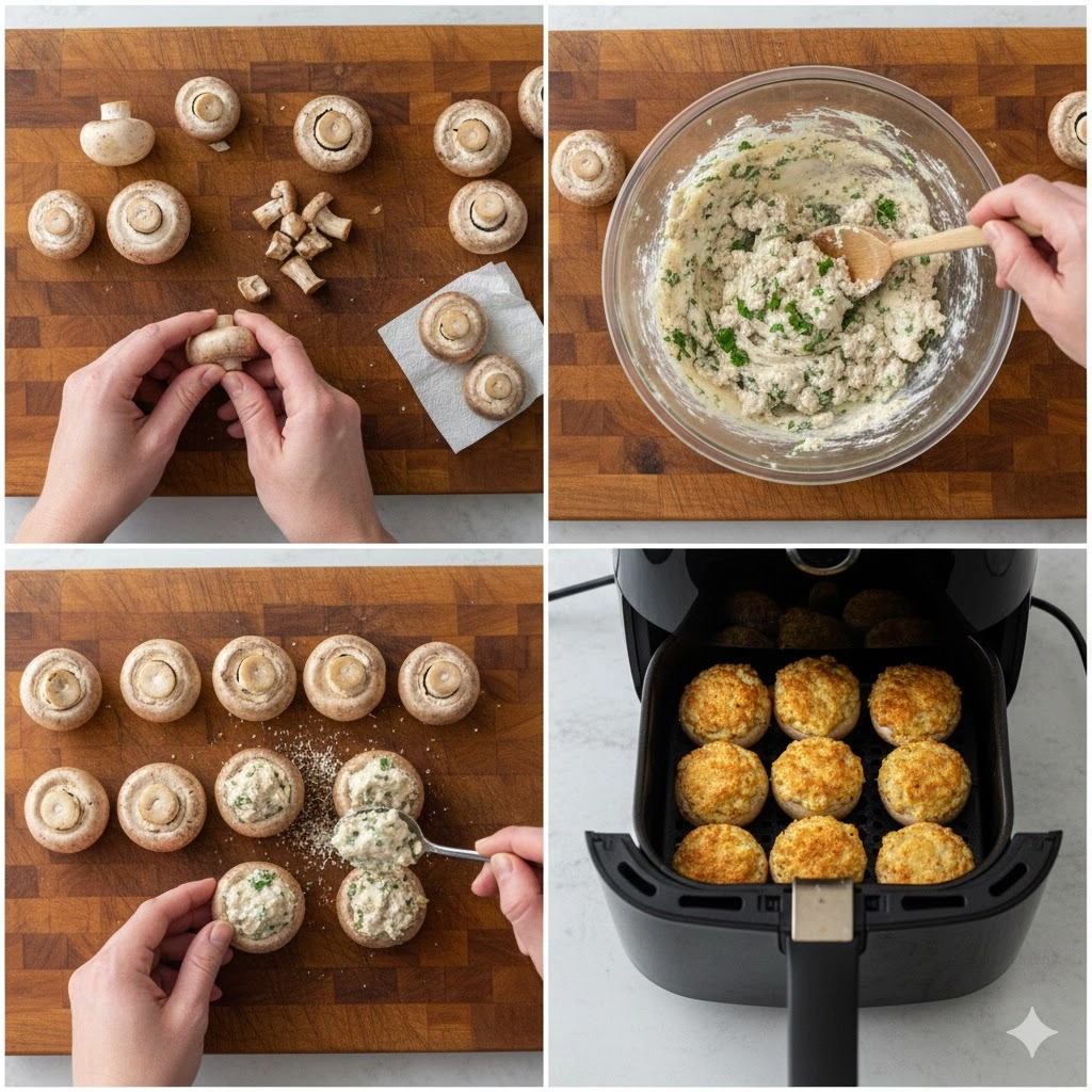 A step-by-step image showing the filling being spooned into the raw mushroom caps for air fryer stuffed mushrooms.