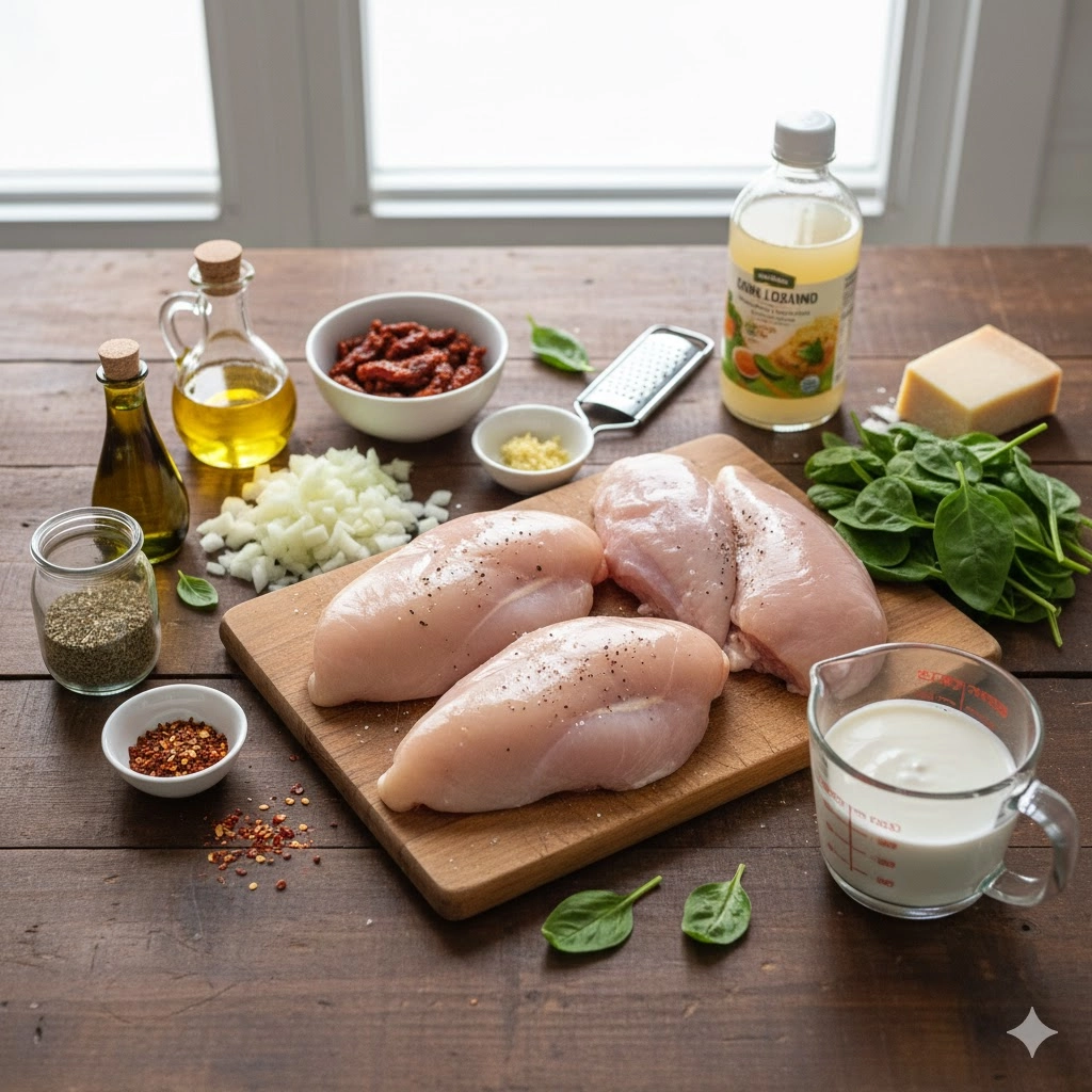 All fresh ingredients laid out for making the Marry Me Tuscan Chicken Soup recipe.