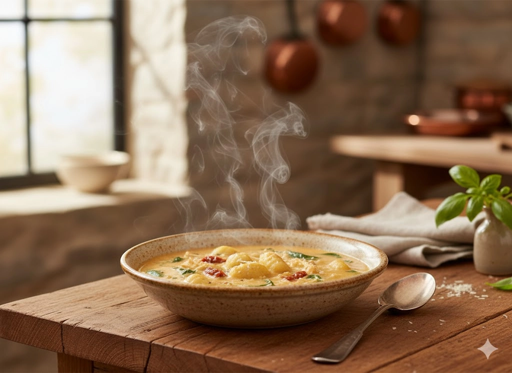 Creamy bowl of Marry Me Tuscan Chicken Soup garnished with fresh herbs and Parmesan.