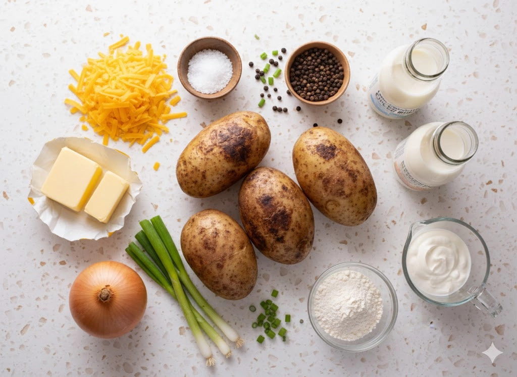 Ingredients laid out for Baked Potato Soup: baked Russet potatoes, cheddar cheese, butter, milk, and chives.
