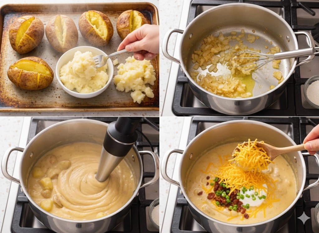 A pot on the stove with a whisk creating the roux (butter and flour mixture) for the Baked Potato Soup base.