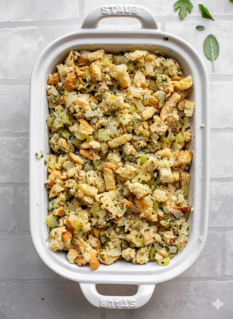 Savory stuffing recipe baked with herbs and butter Savory stuffing recipe baked with herbs and butter