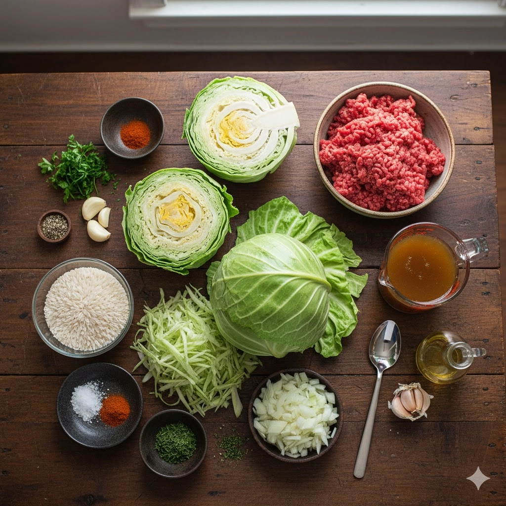 Organized raw ingredients for Slow Cooker Unstuffed Cabbage Rolls, including ground beef, chopped cabbage, rice, canned tomatoes, and spices.