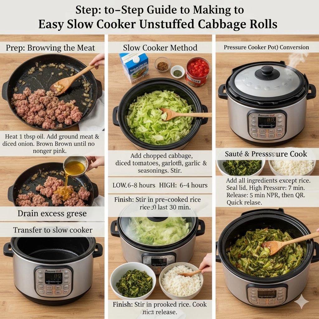 A person stirring the mixture of browned meat, chopped cabbage, and tomato sauce inside a slow cooker before setting the cook time for the Slow Cooker Unstuffed Cabbage Rolls.