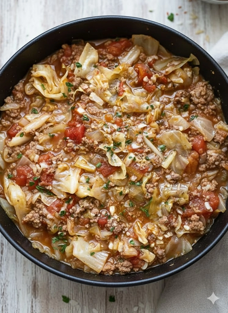 A large bowl of savory Slow Cooker Unstuffed Cabbage Rolls topped with sour cream and fresh dill, ready to eat.