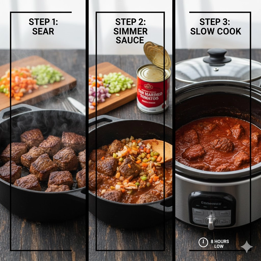 All fresh ingredients for Slow Cooker Italian Beef Ragu, including beef chuck, carrots, celery, onion, and canned tomatoes.