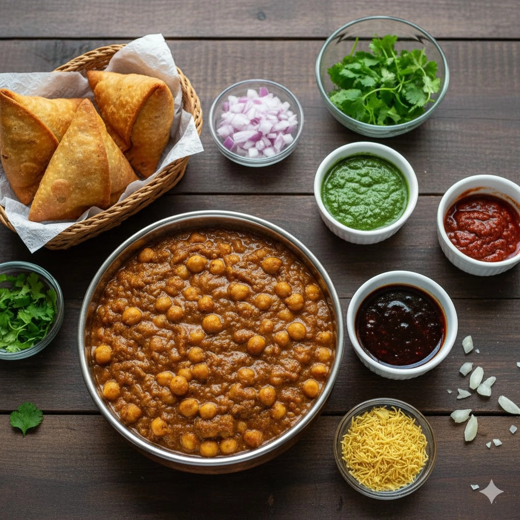 Key ingredients for the samosa chaat recipe, including cooked chickpeas, warm samosas, and small bowls of the three essential chutneys.