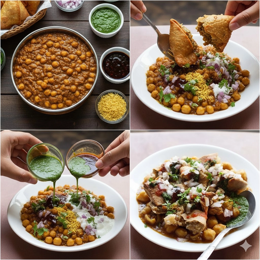 Hands assembling the final layers of samosa chaat recipe, drizzling green mint chutney over the smashed samosa and chana masala.