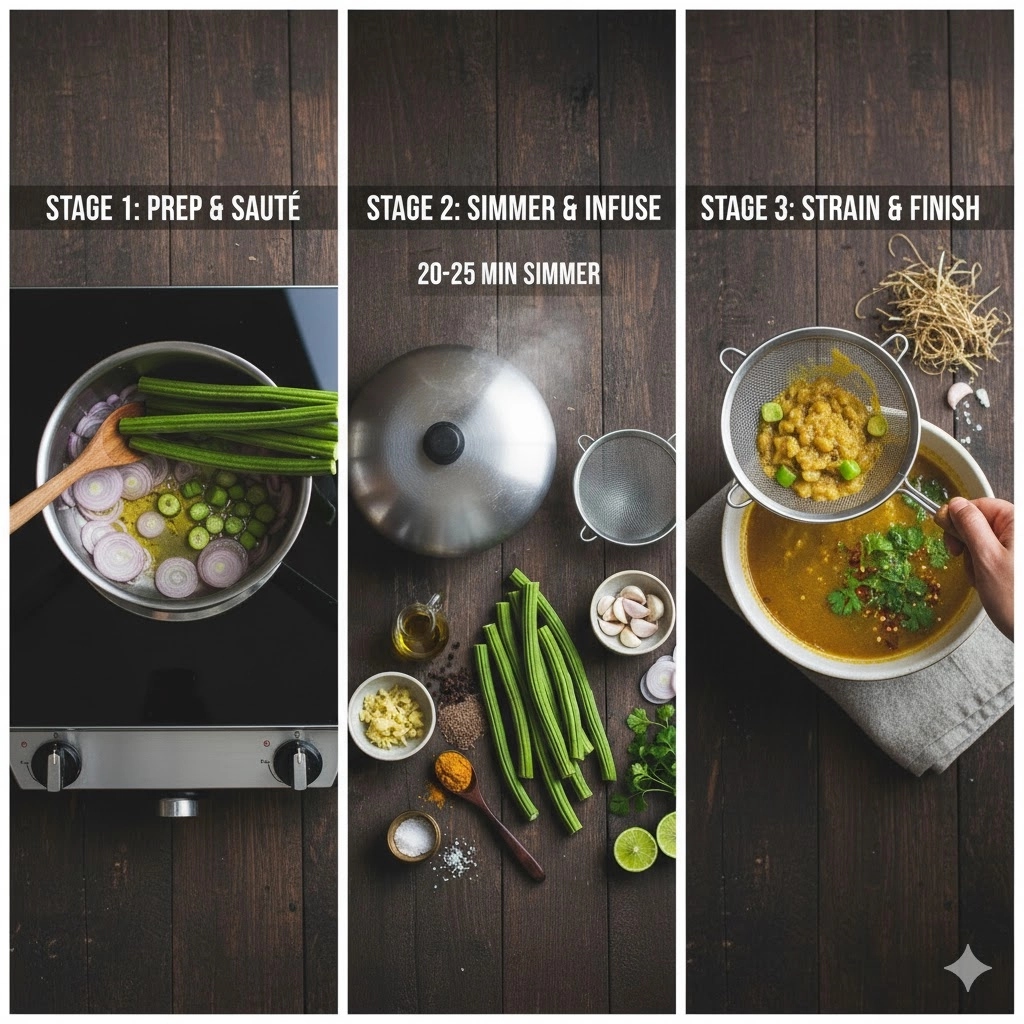 Close-up of a spoon pressing soft drumstick pieces through a strainer to extract the pulp for the Drumstick Soup Recipe.