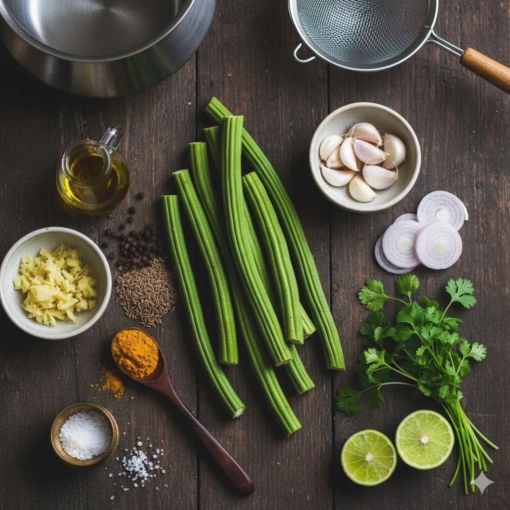 Fresh drumstick pieces, ginger, garlic, cumin, and turmeric—key ingredients for the Drumstick Soup Recipe.