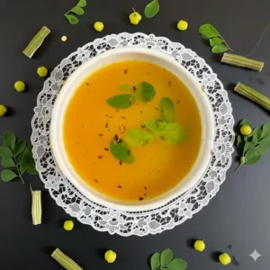 A vibrant, green bowl of creamy Moringa Soup garnished with a drizzle of oil and herbs.