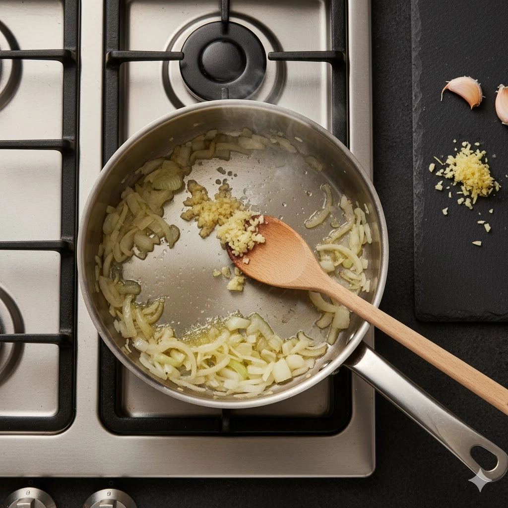 An immersion blender smoothing out the vibrant green, simmering Moringa Soup mixture in a pot.