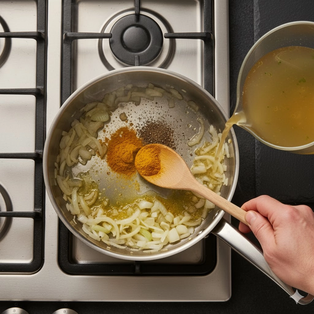 An immersion blender smoothing out the vibrant green, simmering Moringa Soup mixture in a pot.
