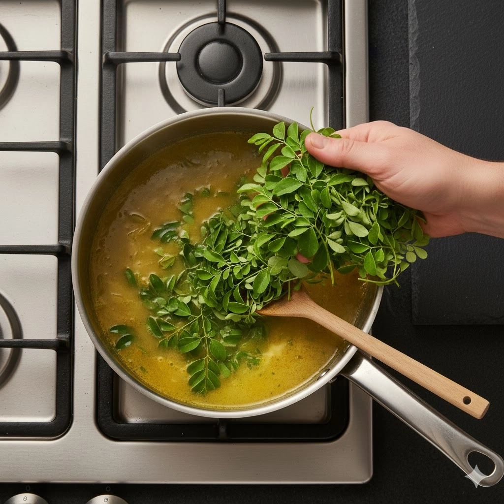 An immersion blender smoothing out the vibrant green, simmering Moringa Soup mixture in a pot.