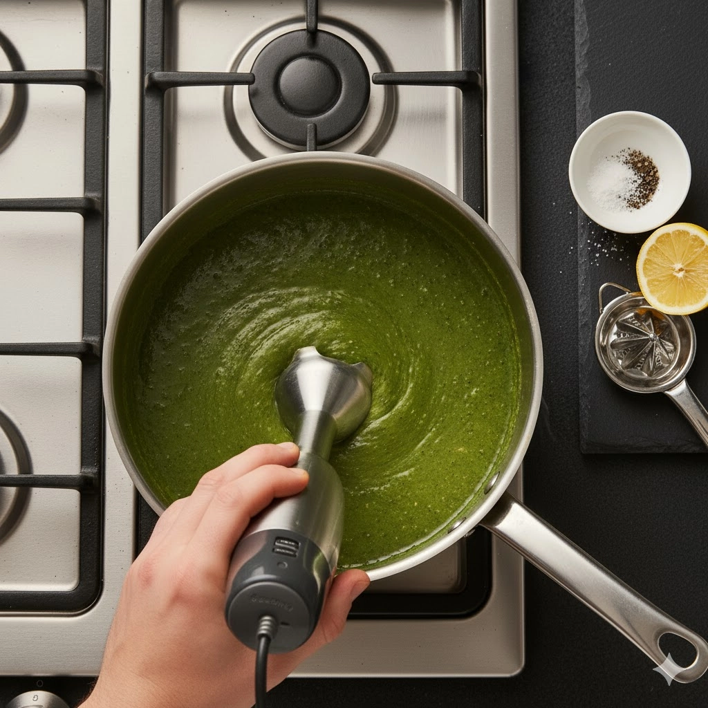 An immersion blender smoothing out the vibrant green, simmering Moringa Soup mixture in a pot.