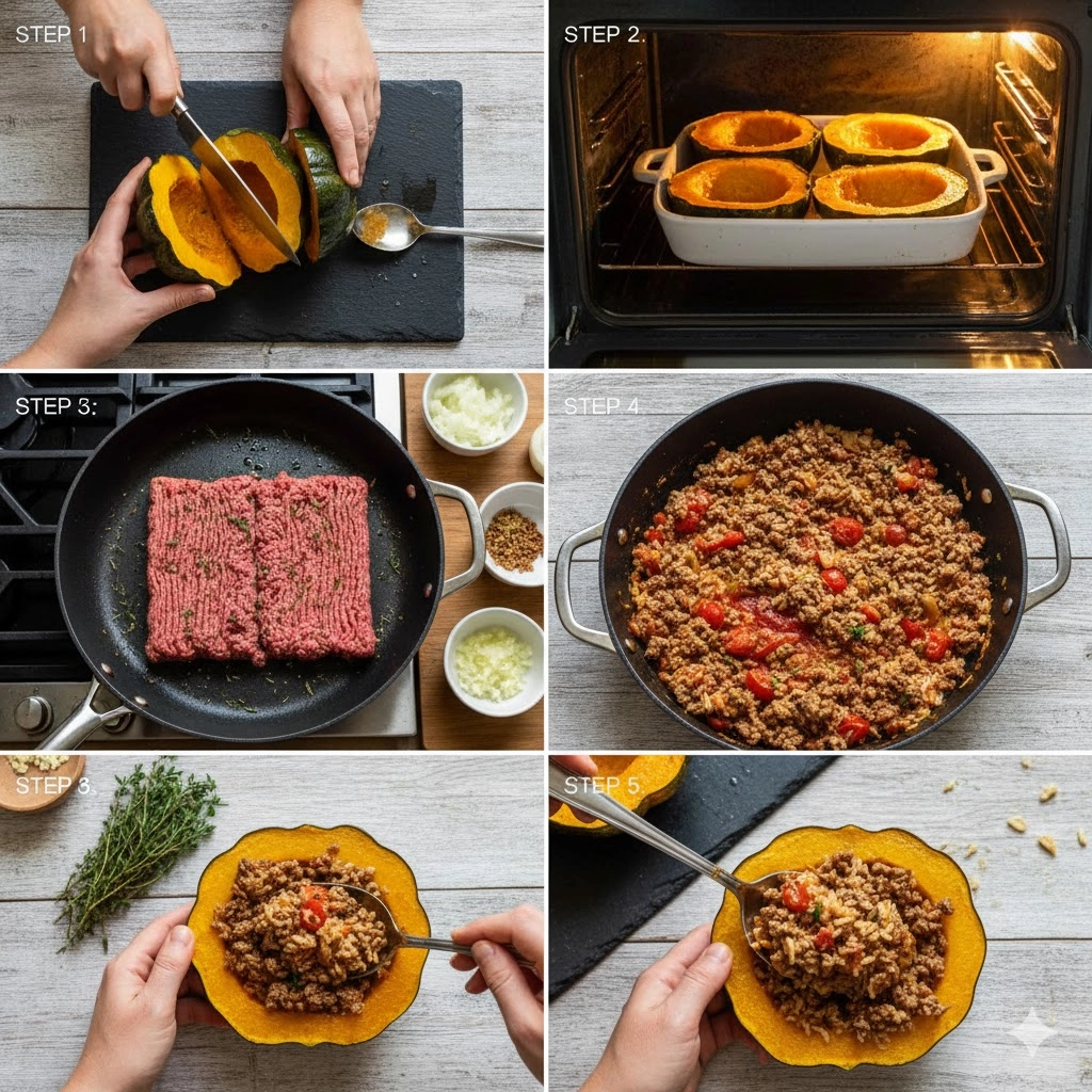 Close-up of a spoon adding the seasoned ground beef filling into a roasted acorn squash half.