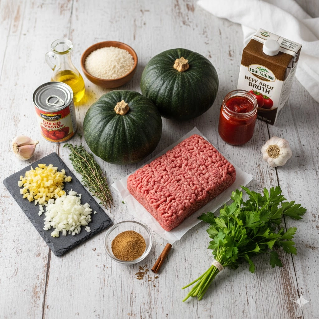 Arranged whole acorn squash, ground beef, spices, and onions ready for making Beef Stuffed Acorn Squash.
