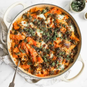 A large 9x13 dish of bubbling, cheesy Creamy Lentil Pasta Bake, fresh from the oven, garnished with basil.