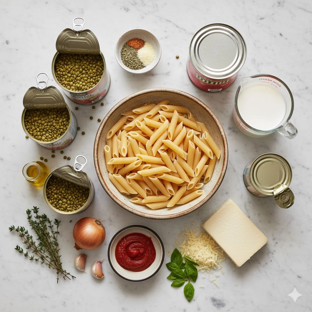 All raw ingredients for the Creamy Lentil Pasta Bake laid out: dry penne, canned tomatoes, lentils, milk, and cheese.