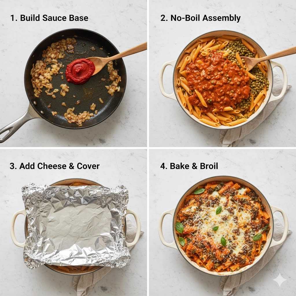 Image showing the uncooked pasta, lentils, and creamy tomato sauce being mixed in the casserole dish for the Creamy Lentil Pasta Bake.
