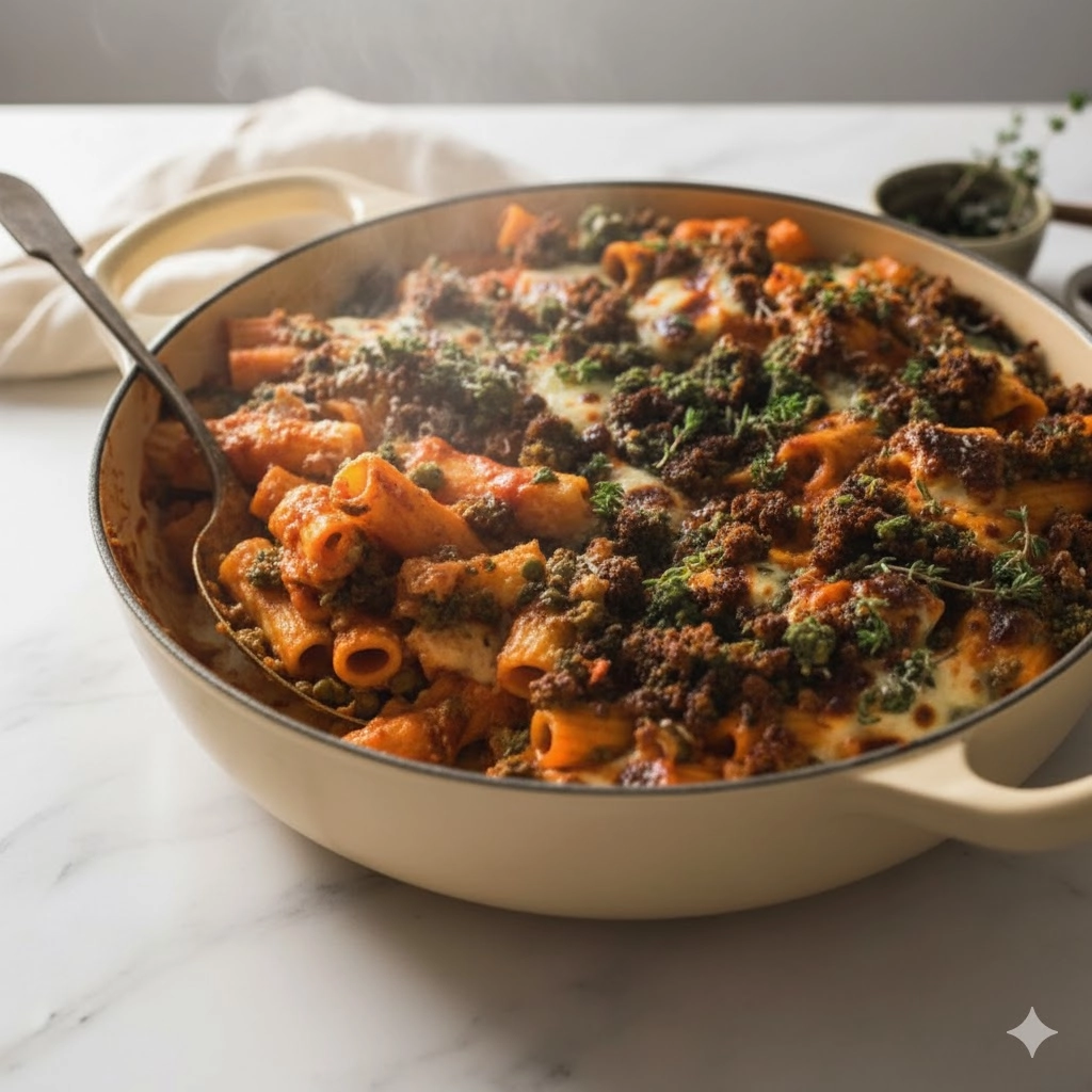 A large 9x13 dish of bubbling, cheesy Creamy Lentil Pasta Bake, fresh from the oven, garnished with basil.