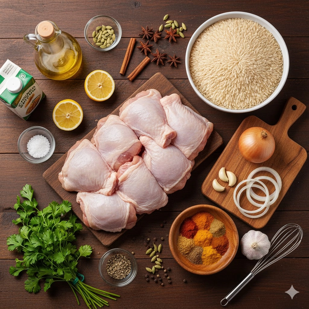 Raw chicken thighs, Basmati rice, and a bowl of shawarma spices for One-Pot Shawarma Chicken and Rice.