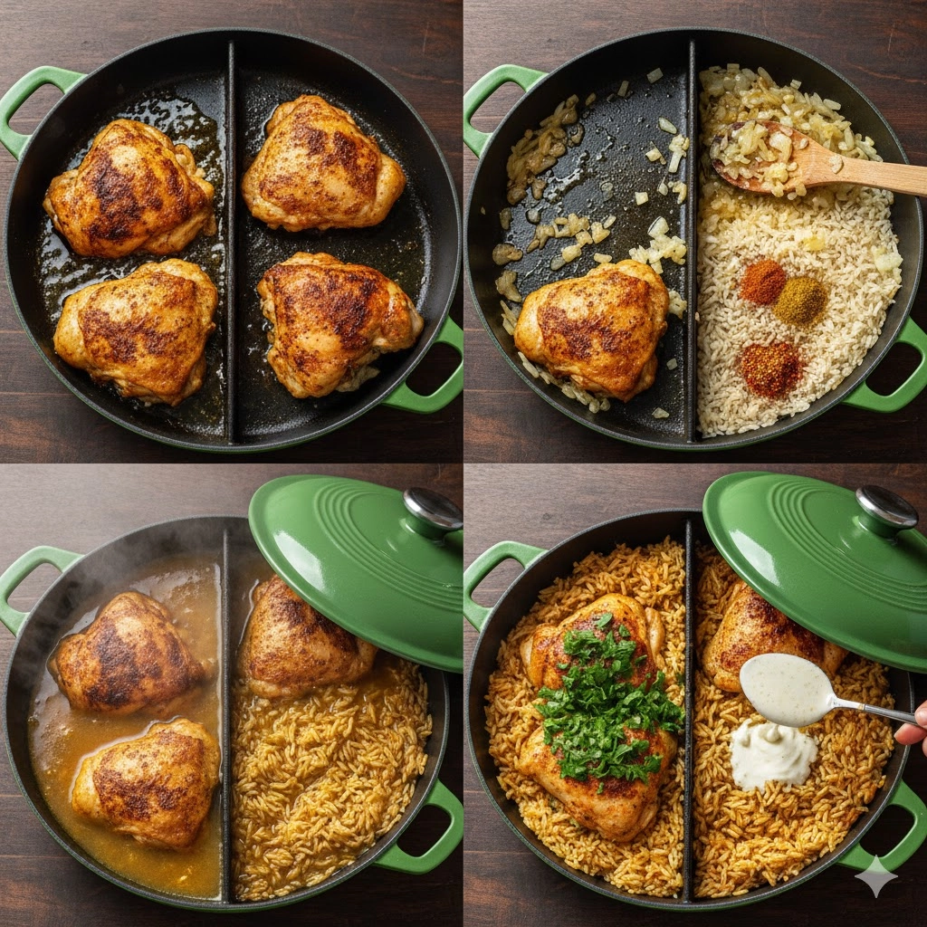 Searing marinated chicken thighs in a heavy pot, the first step for One-Pot Shawarma Chicken and Rice.
