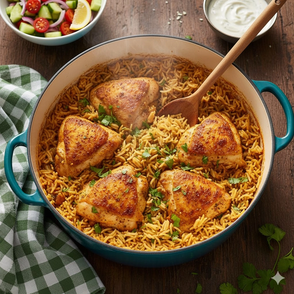 A Dutch oven filled with fluffy rice and golden One-Pot Shawarma Chicken and Rice thighs, garnished with parsley.