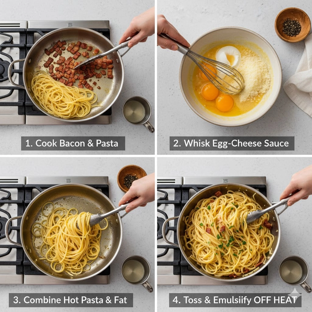 Hands tossing the spaghetti with the egg-cheese mixture in a large skillet to make Creamy Bacon Carbonara Pasta.