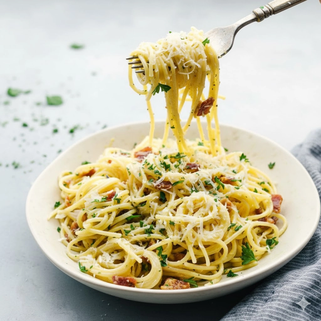 A large bowl of beautiful, glossy Creamy Bacon Carbonara Pasta topped with crispy turkey bacon and fresh black pepper.
