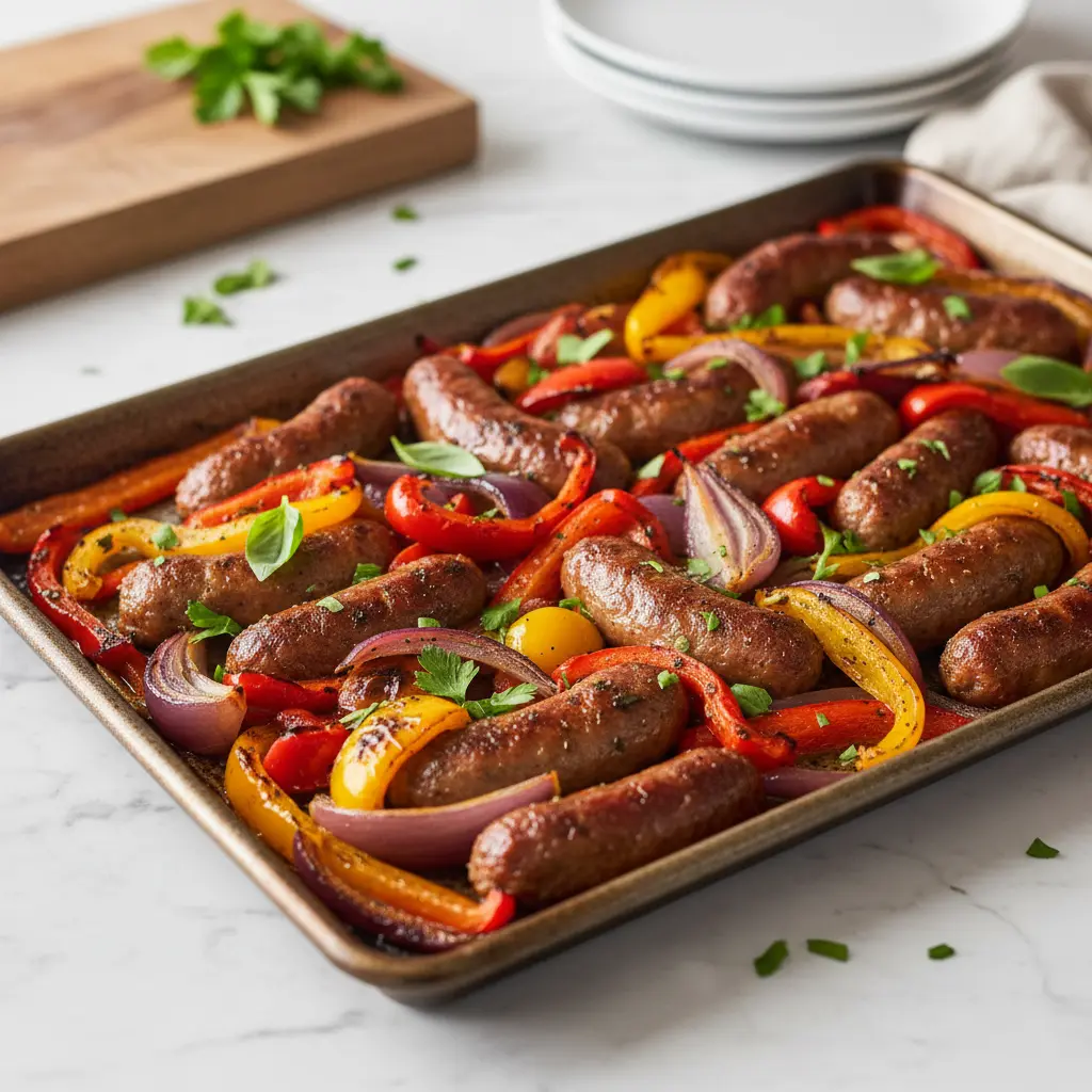 Delicious Sheet Pan Sausage, Peppers & Onions